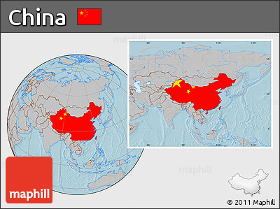 Flag Location Map of China, gray outside, hill shading outside