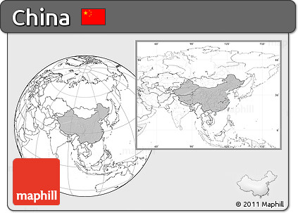 Gray Location Map of China, blank outside, hill shading inside