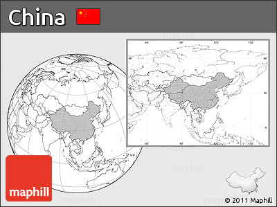 Gray Location Map of China, blank outside, hill shading inside