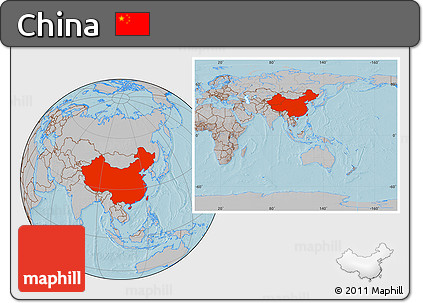 Gray Location Map of China, within the entire continent, hill shading