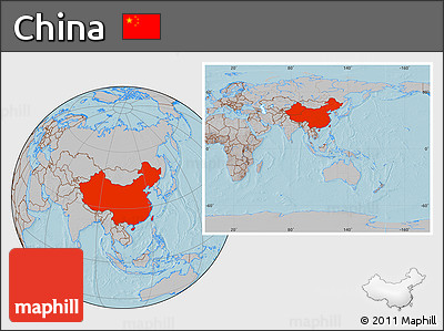 Gray Location Map of China, within the entire continent, hill shading