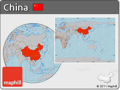 Gray Location Map of China, within the entire continent, hill shading