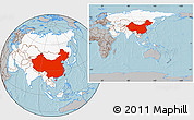 Gray Location Map of China, highlighted continent, within the entire continent, hill shading