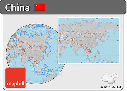 Gray Location Map of China, hill shading inside