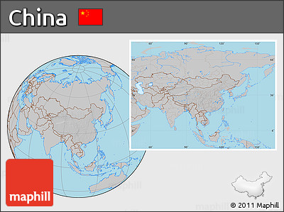 Gray Location Map of China, hill shading inside