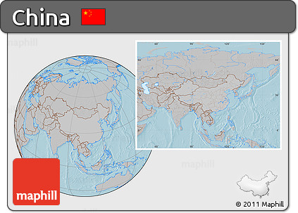 Gray Location Map of China, hill shading outside