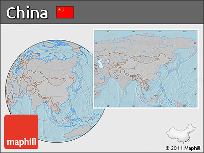 Gray Location Map of China, hill shading outside