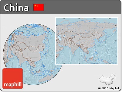 Gray Location Map of China, hill shading outside