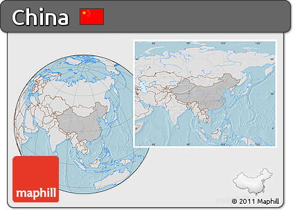 Gray Location Map of China, lighten, land only, hill shading