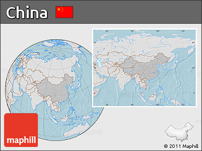 Gray Location Map of China, lighten, land only, hill shading