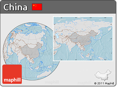 Gray Location Map of China, lighten, land only, hill shading