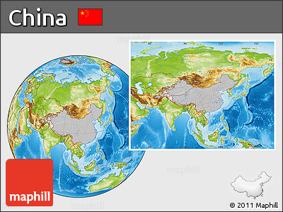 Gray Location Map of China, physical outside, hill shading