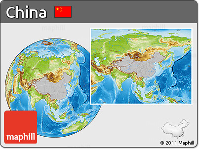 Gray Location Map of China, physical outside, hill shading