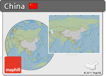 Gray Location Map of China, savanna style outside, hill shading outside