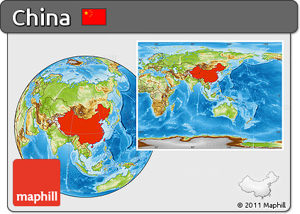 Physical Location Map of China, within the entire continent
