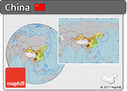 Physical Location Map of China, gray outside, hill shading