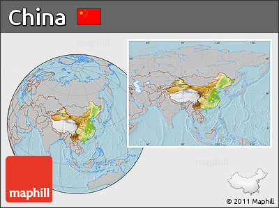 Physical Location Map of China, gray outside, hill shading