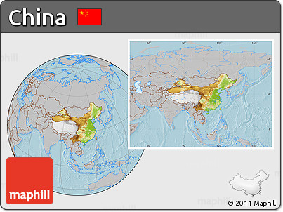 Physical Location Map of China, gray outside, hill shading