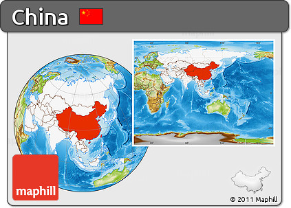 Physical Location Map of China, highlighted continent, within the entire continent