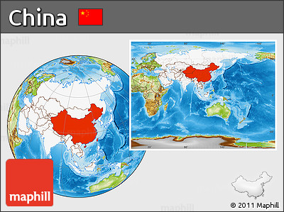 Physical Location Map of China, highlighted continent, within the entire continent
