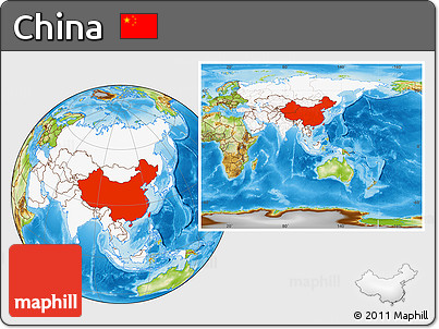 Physical Location Map of China, highlighted continent, within the entire continent