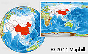 Physical Location Map of China, highlighted continent, within the entire continent