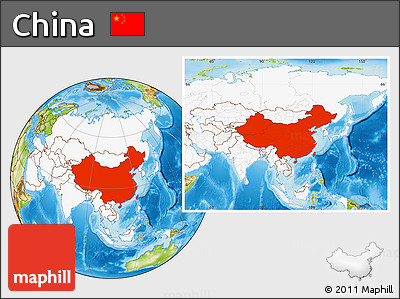 Physical Location Map of China, highlighted continent