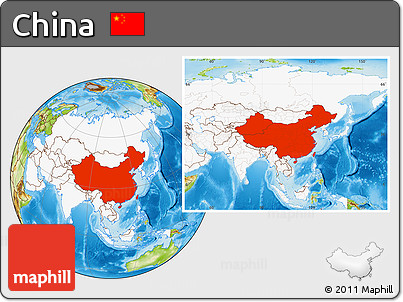 Physical Location Map of China, highlighted continent