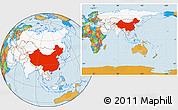 Political Location Map of China, highlighted continent, within the entire continent