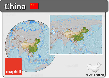 Satellite Location Map of China, gray outside, hill shading