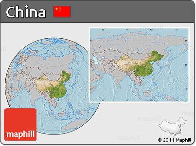 Satellite Location Map of China, gray outside, hill shading