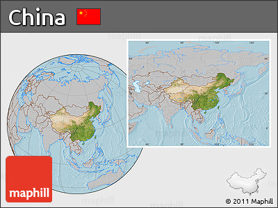Satellite Location Map of China, gray outside, hill shading