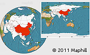 Satellite Location Map of China, highlighted continent, within the entire continent