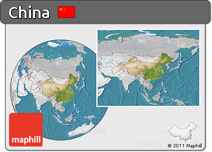 Satellite Location Map of China, lighten, desaturated, land only