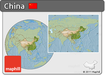 Satellite Location Map of China, savanna style outside, hill shading