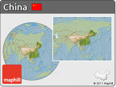 Satellite Location Map of China, savanna style outside, hill shading