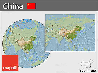 Satellite Location Map of China, savanna style outside, hill shading