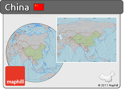 Savanna Style Location Map of China, gray outside, hill shading