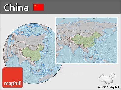 Savanna Style Location Map of China, gray outside, hill shading