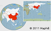 Savanna Style Location Map of China, highlighted continent, within the entire continent, hill shading