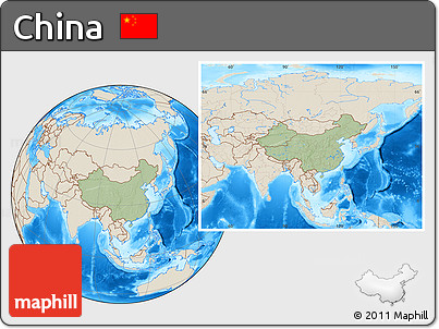 Savanna Style Location Map of China, shaded relief outside, hill shading