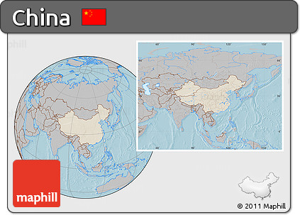 Shaded Relief Location Map of China, gray outside, hill shading