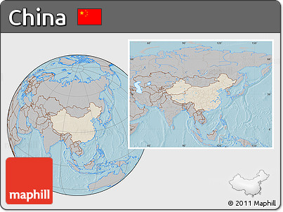 Shaded Relief Location Map of China, gray outside, hill shading