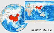 Shaded Relief Location Map of China, highlighted continent, within the entire continent