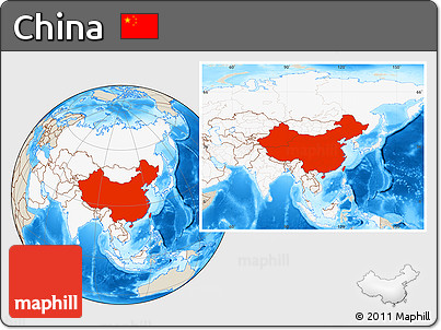 Shaded Relief Location Map of China, highlighted continent