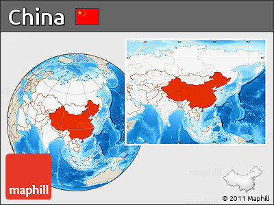 Shaded Relief Location Map of China, highlighted continent
