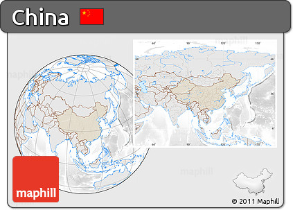 Shaded Relief Location Map of China, lighten, desaturated