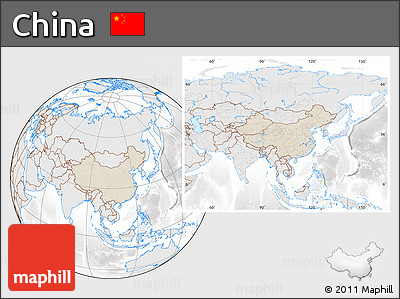 Shaded Relief Location Map of China, lighten, desaturated