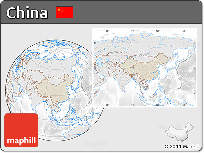 Shaded Relief Location Map of China, lighten, desaturated