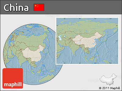 Shaded Relief Location Map of China, savanna style outside, hill shading